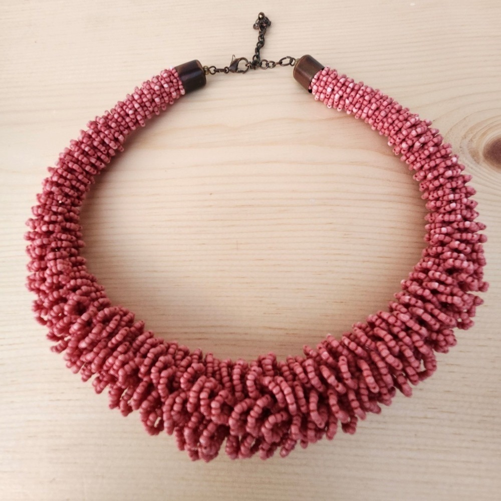 Vintage Style Beaded Statement Necklace – Pink/Coral‎ Tone – Chunky Multi-Strand